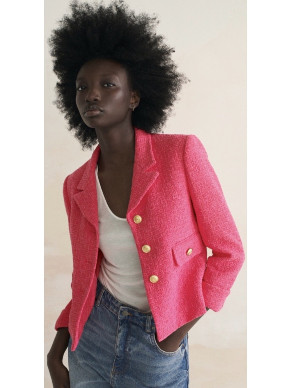 NWT Zara Bright Pink Tweed Blazer with Gold Buttons Small - Picture 2 of 12